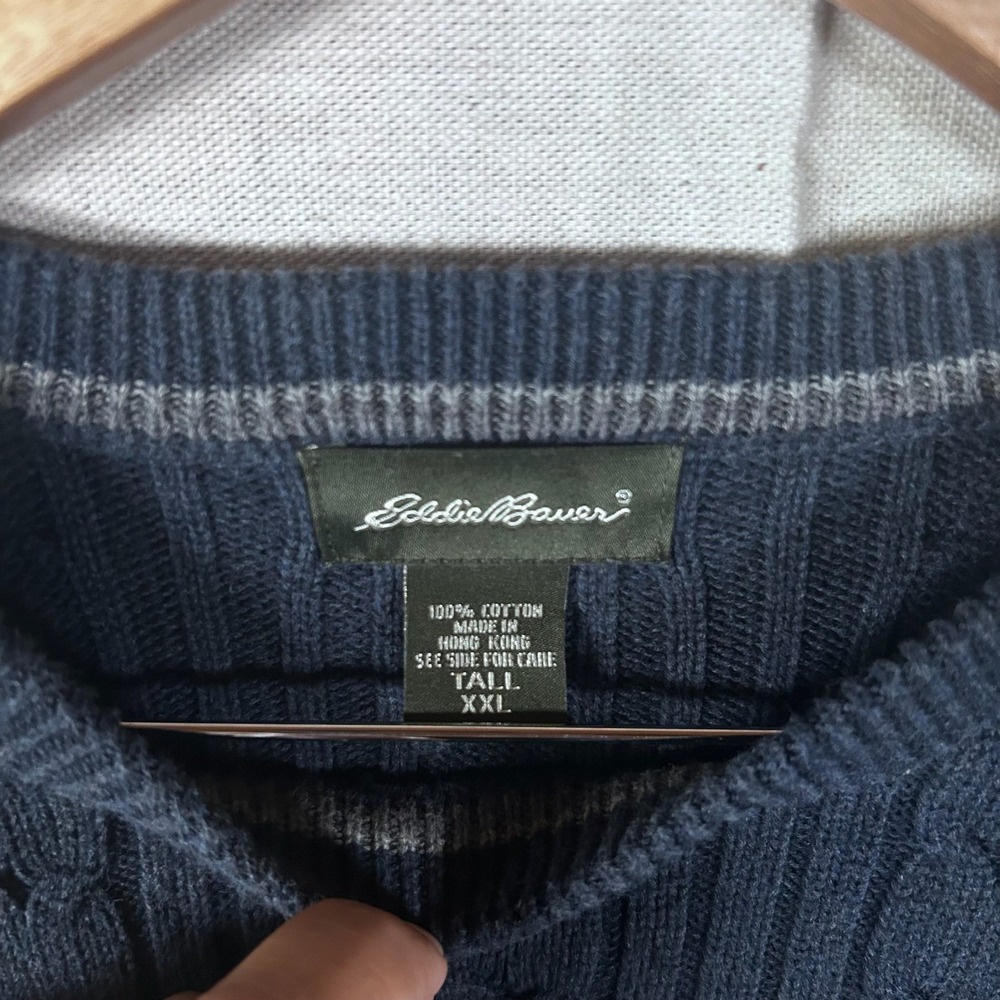 Eddie‎ Bauer Mens XXL Tall Navy Blue Cable Knit 100% Cotton Crewneck Sweater - Picture 2 of 5